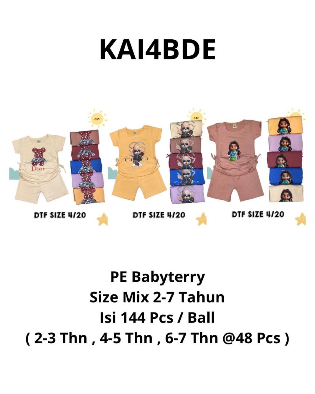 BAJU ANAK PEREMPUAN KAI4BDE BAHAN PE BABYTERRY SIZE MIX 2-7 TAHUN ISI 144 PCS