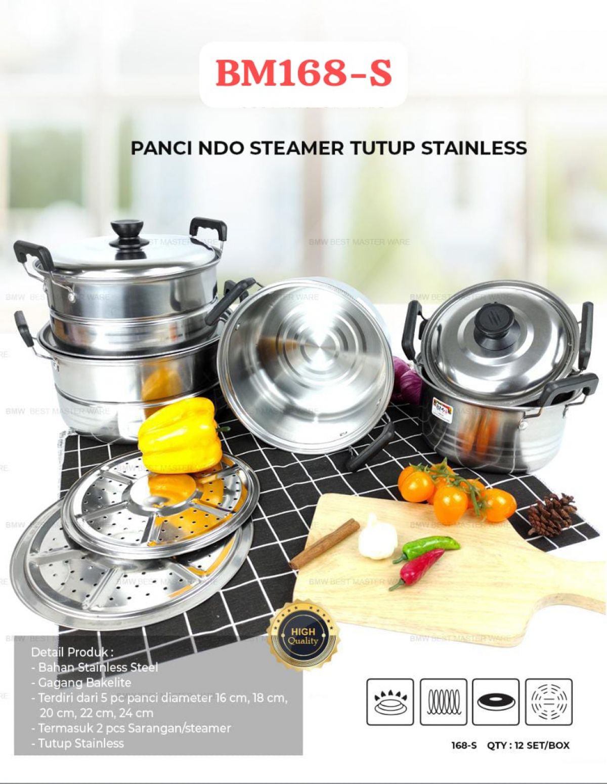 PANCI STEAMER SET BM168-S SIZE 16CM,18CM,20CM,22CM,24CM ISI 12 SET