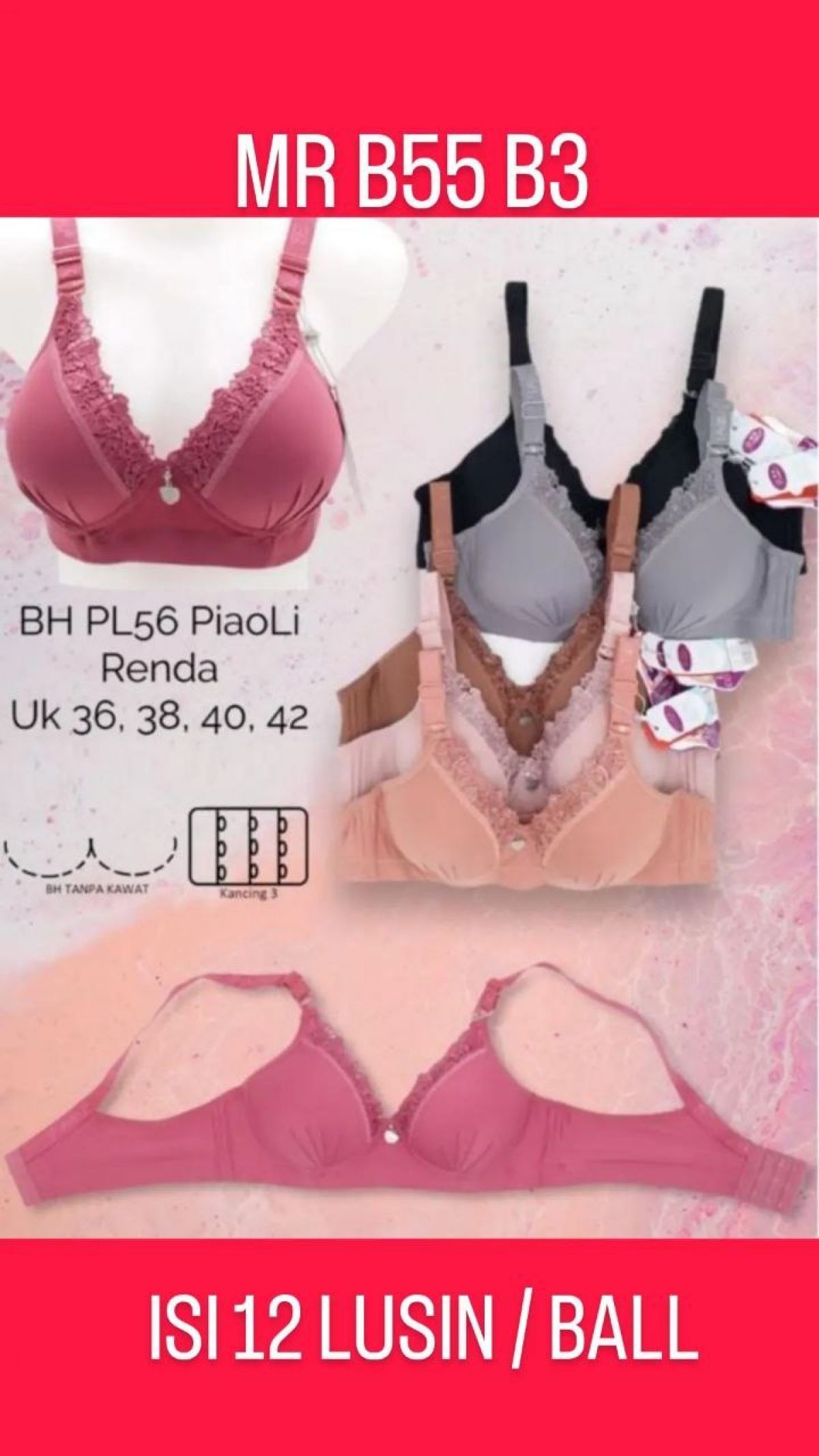 BH RENDA TANPA KAWAT K3 MR B55 B3 SIZE 36 - 42 ISI 12 LUSIN