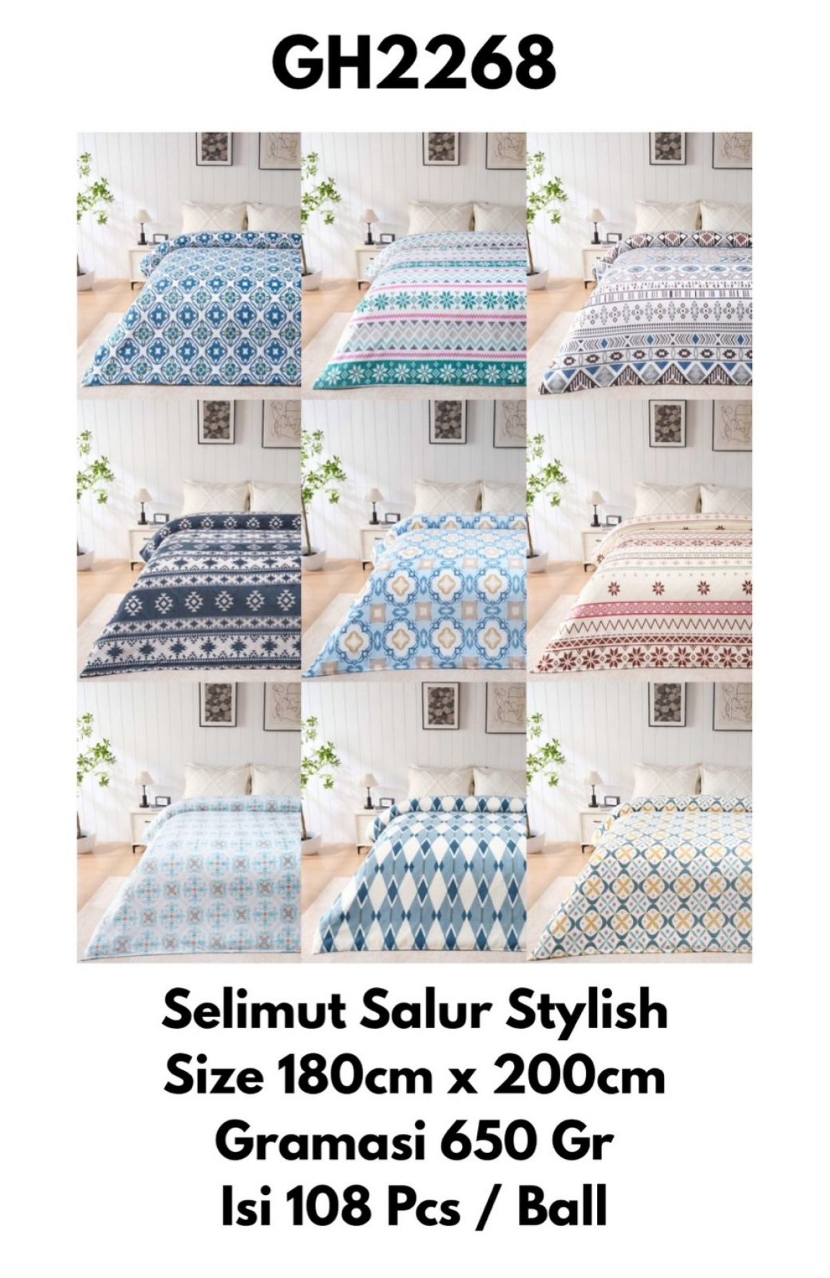 SELIMUT SALUR STYLISH GH2268 SIZE 180CM * 200CM GRAMASI 650 GR ISI 108 PCS