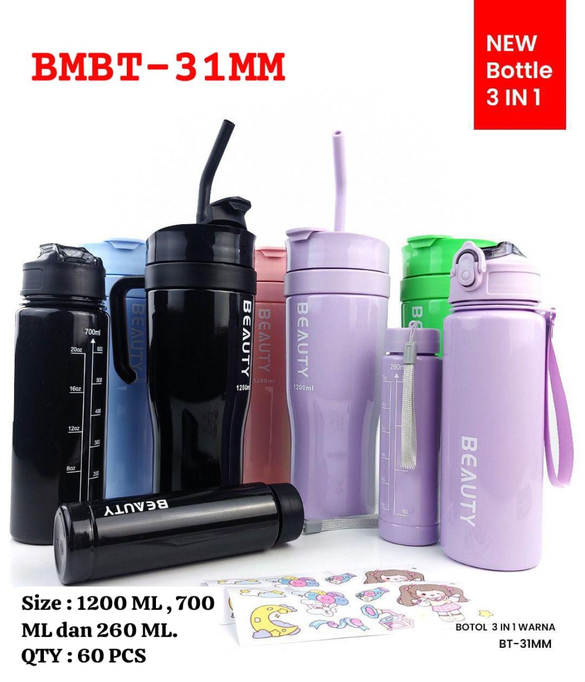 BOTOL 3 IN 1 WARNA BMBT-31MM SIZE 1200 ML,700ML,260ML ISI 60 PCS