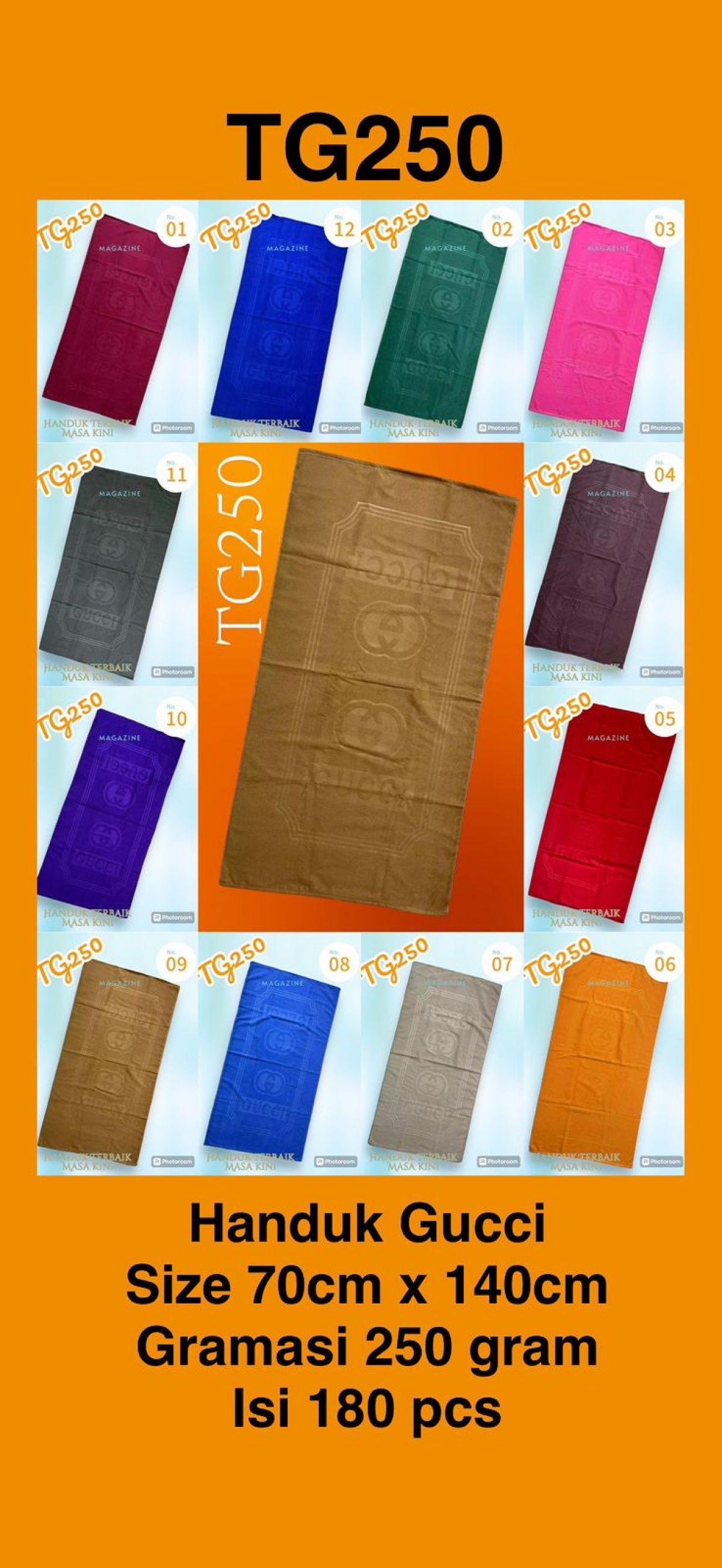 HANDUK GUCCI TG250 SIZE 70CM * 140CM 250 GR ISI 180 PCS