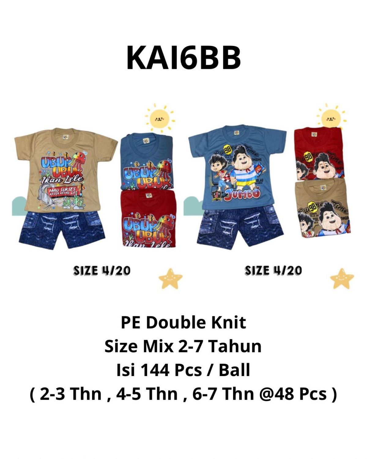 BAJU ANAK KAI6BB BAHAN PE DOUBLE KNIT SIZE MIX 2-7 TAHUN ISI 144 PCS