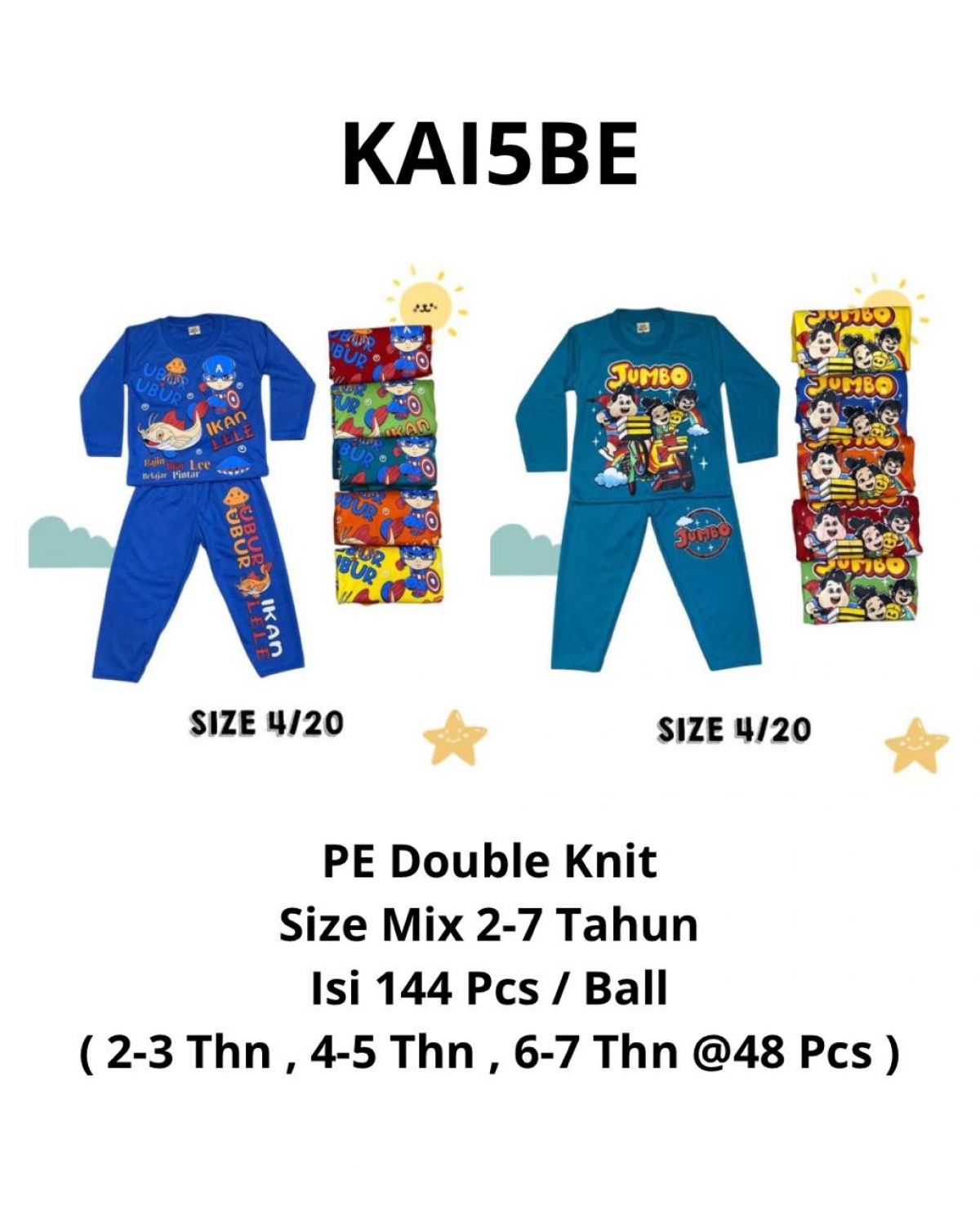 BAJU ANAK KAI5BE BAHAN PE DOUBLE KNIT SIZE MIX 2-7 TAHUN ISI 144 PCS