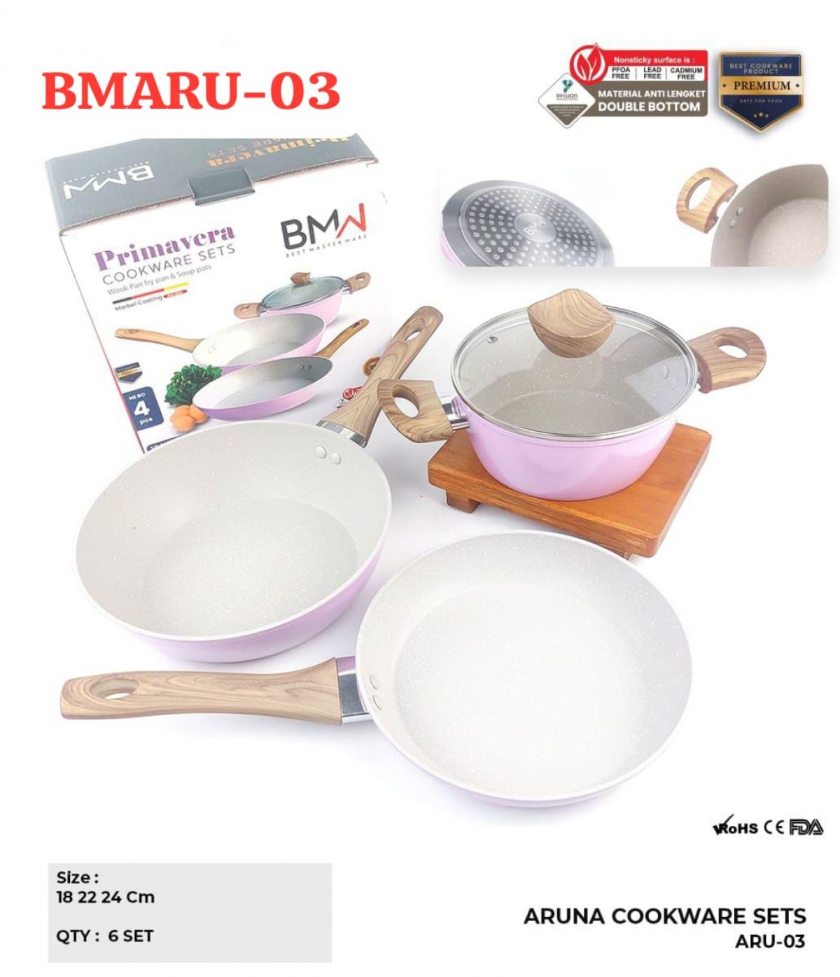 ARUNA COOKWARE SETS BMARU-03 SIZE 18 , 22 & 24 CM ISI 6 SET