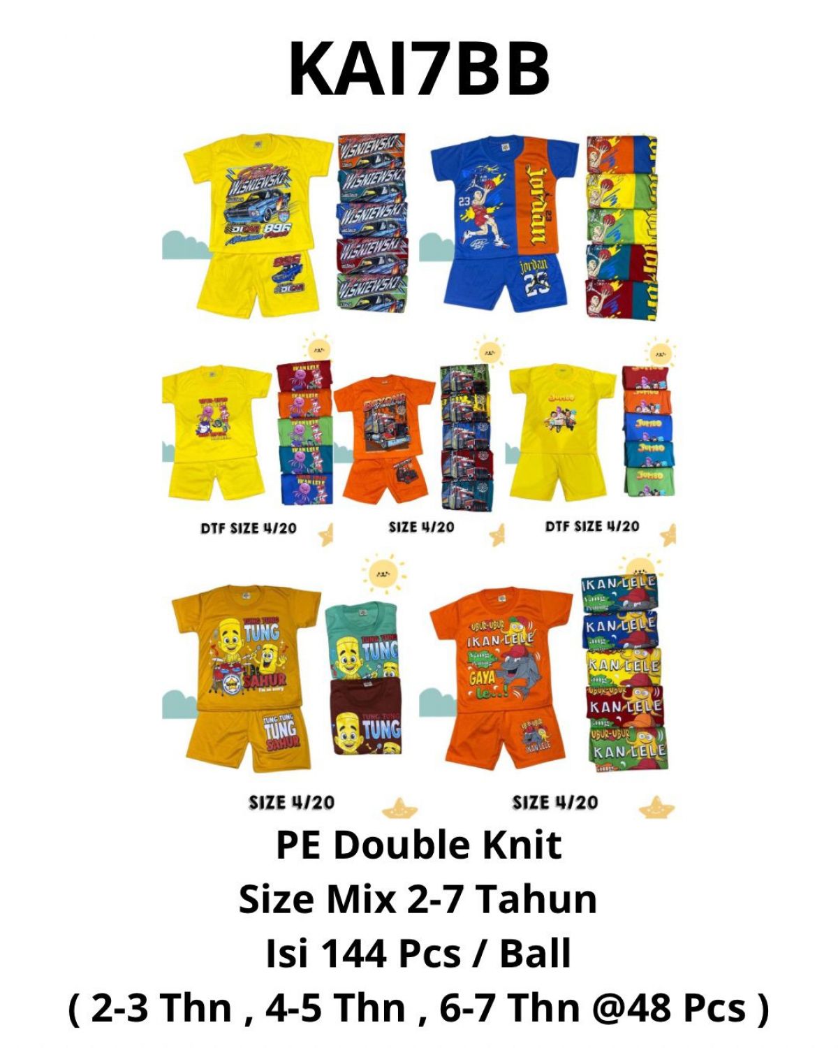 BAJU ANAK KAI7BB BAHAN PE DOUBLE KNIT SIZE MIX 2-7 TAHUN ISI 144 PCS